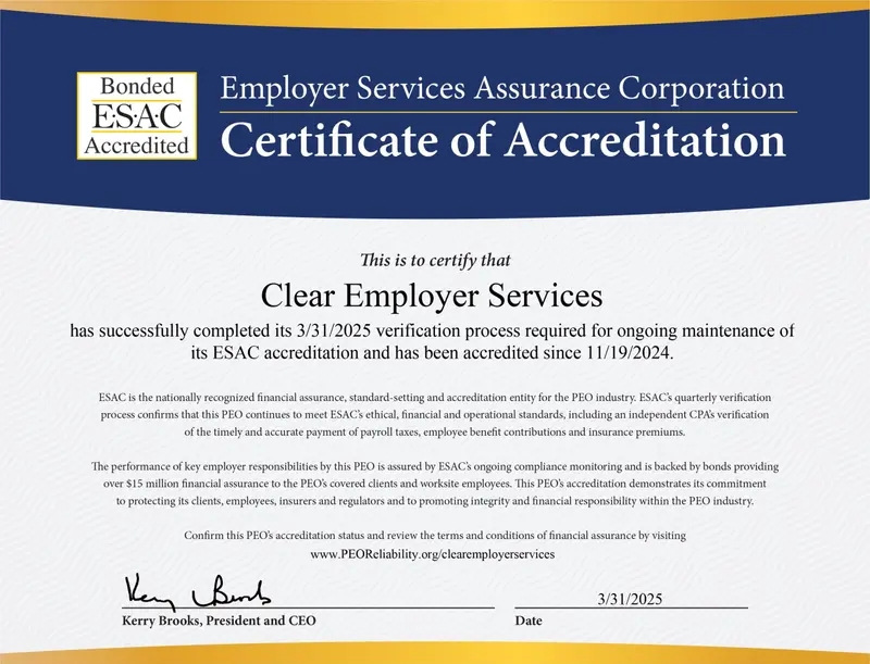 ESAC Certificate of Accreditation for Clear Employer Services